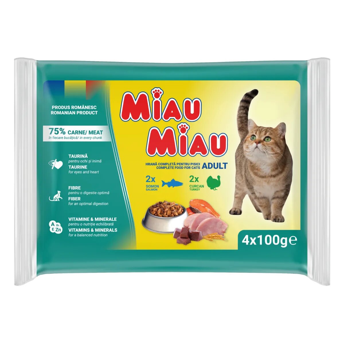 MIAU MIAU Mixt Curcan și Somon plic hrană umedă pisici (în sos) multipack 100g x 4buc