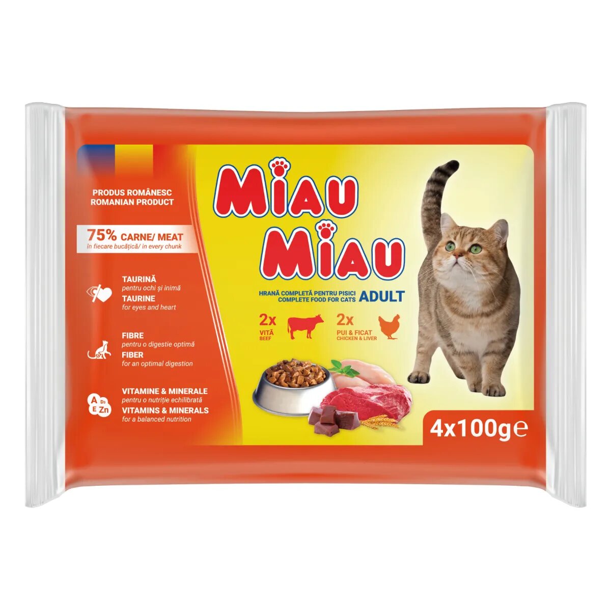 MIAU MIAU Mixt Vită și Pui plic hrană umedă pisici (în sos) multipack 100g x 4buc
