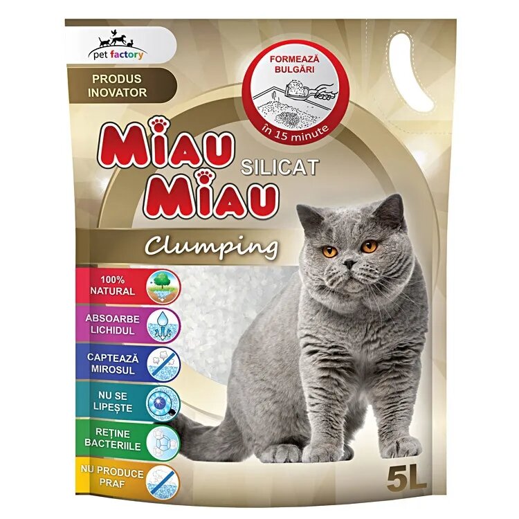 MIAU MIAU neparfumat așternut igienic pisici granule silicat aglomerant neutralizare mirosuri 5l