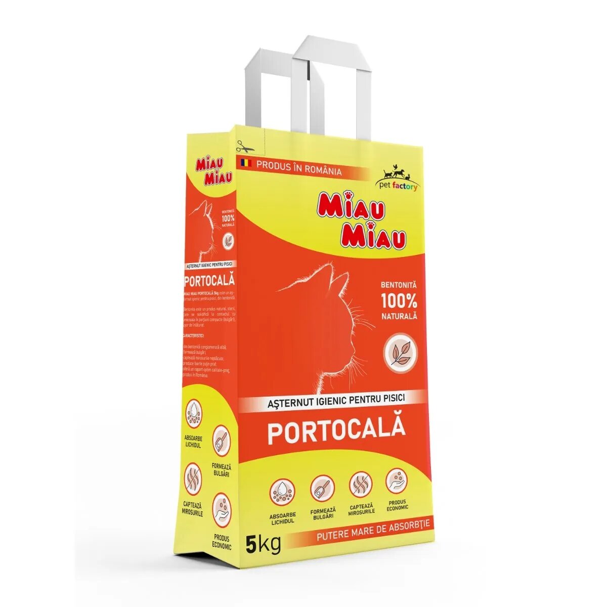 MIAU MIAU Portocala așternut igienic pisici granule bentonită aglomerant neutralizare mirosuri 5kg