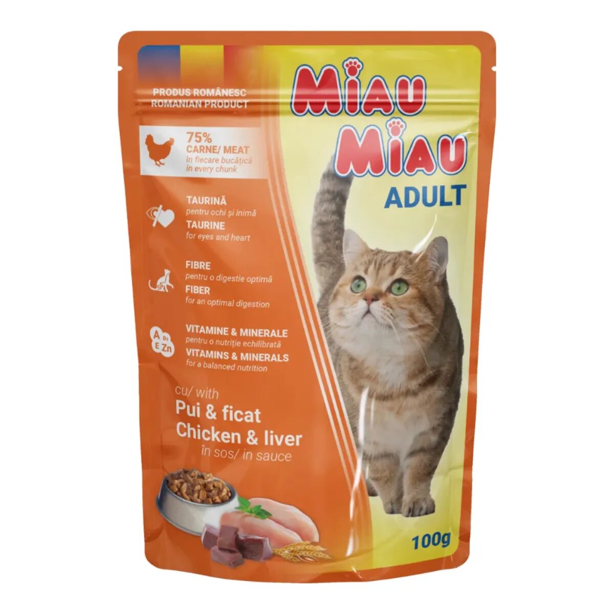 MIAU MIAU Pui și Ficat plic hrană umedă pisici (în sos) 100g
