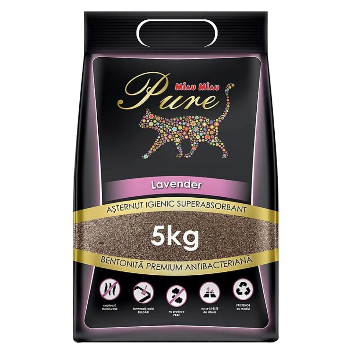 MIAU MIAU Pure Lavanda așternut igienic pisici granule bentonită aglomerant neutralizare mirosuri 5kg