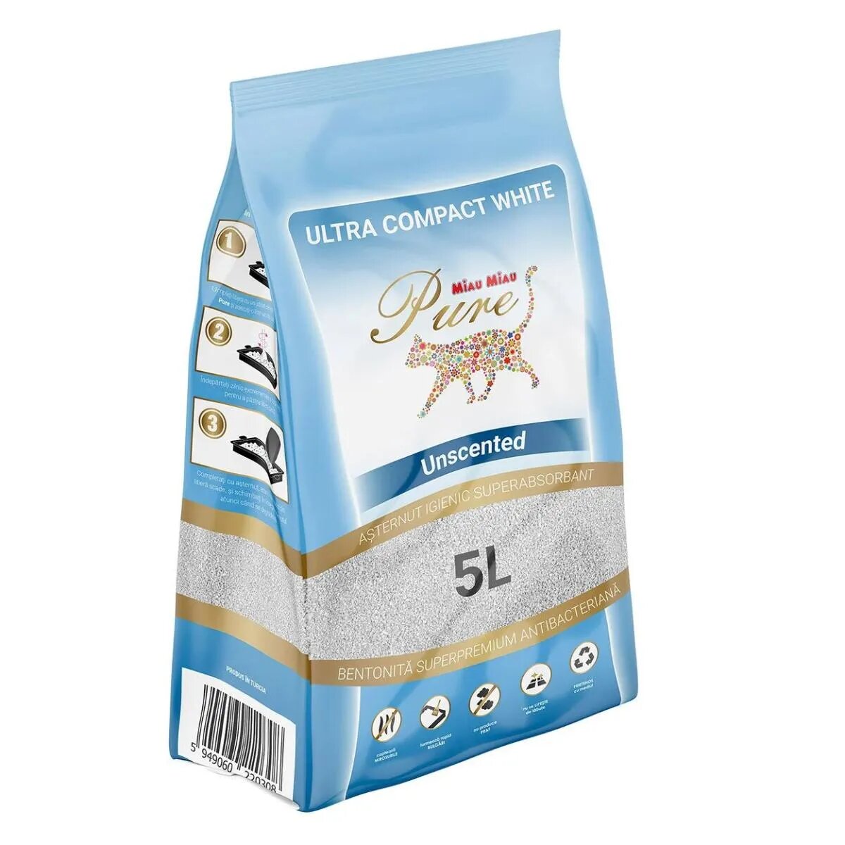 MIAU MIAU Pure Pure Clasic neparfumat așternut igienic pisici granule bentonită aglomerant neutralizare mirosuri 5l
