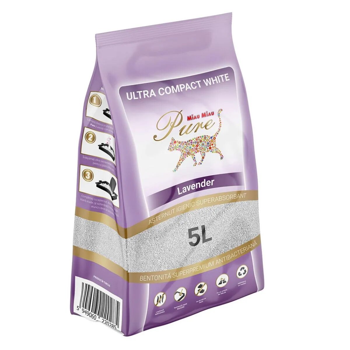 MIAU MIAU Pure Pure Lavanda așternut igienic pisici granule bentonită aglomerant neutralizare mirosuri 5l