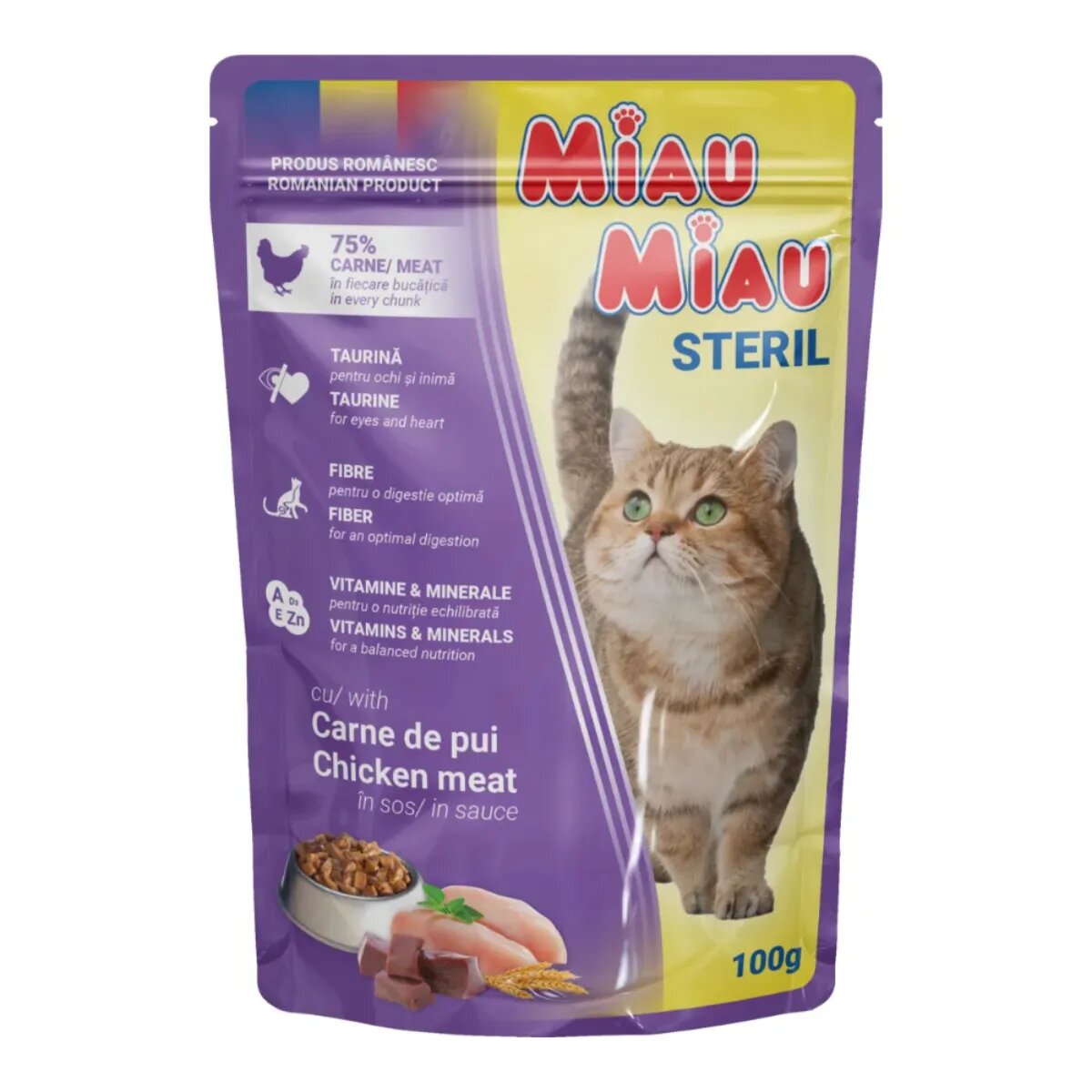 MIAU MIAU Sterilised Pui plic hrană umedă pisici sterilizate (în sos) 100g