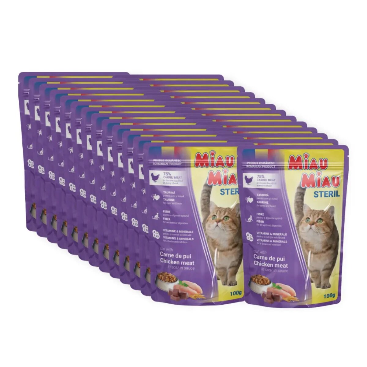 MIAU MIAU Sterilised Pui plic hrană umedă pisici sterilizate (în sos) bax 100g x 24buc