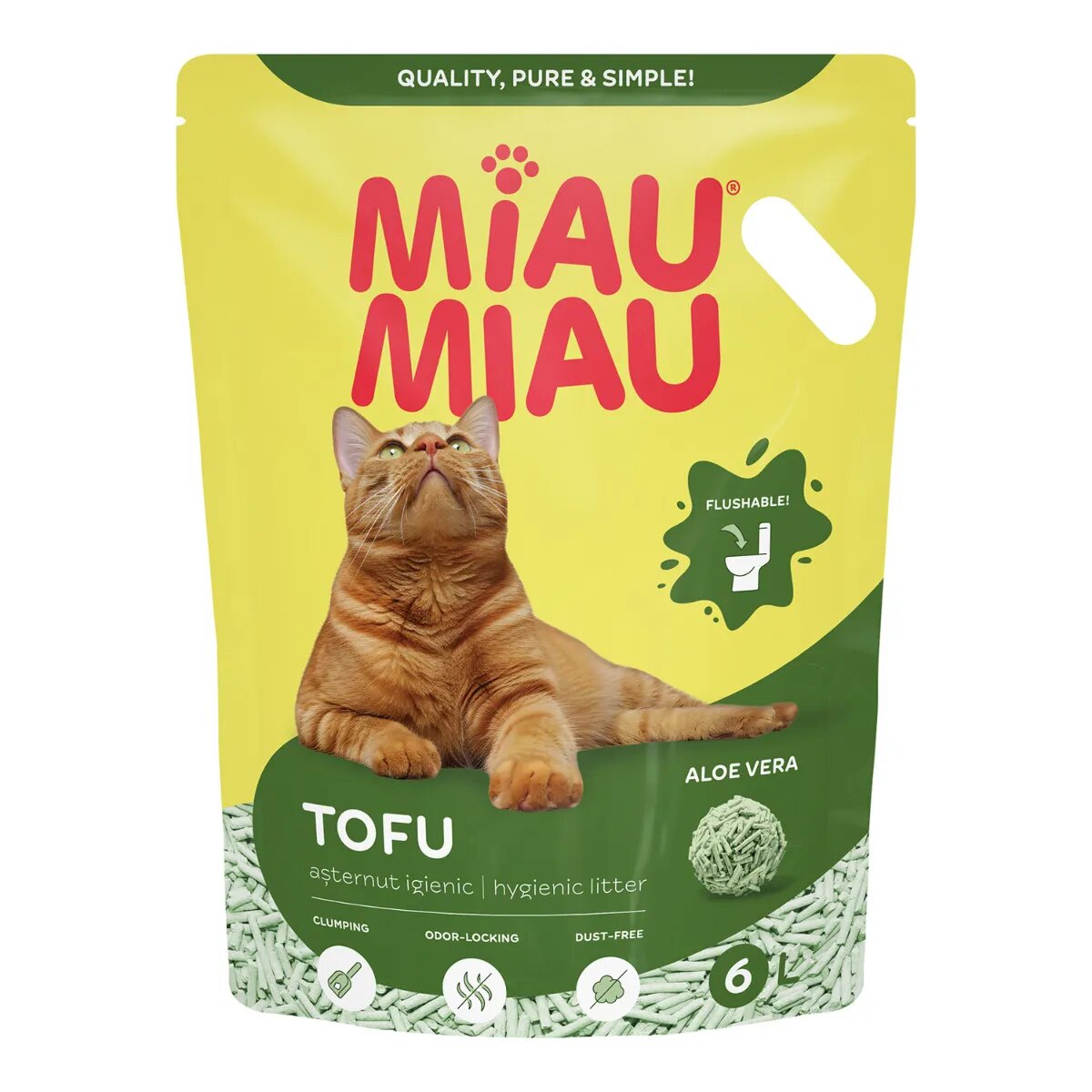 MIAU MIAU Tofu Aloe Vera așternut igienic pisici peleți tofu aglomerant ecologic biodegradabil 6l