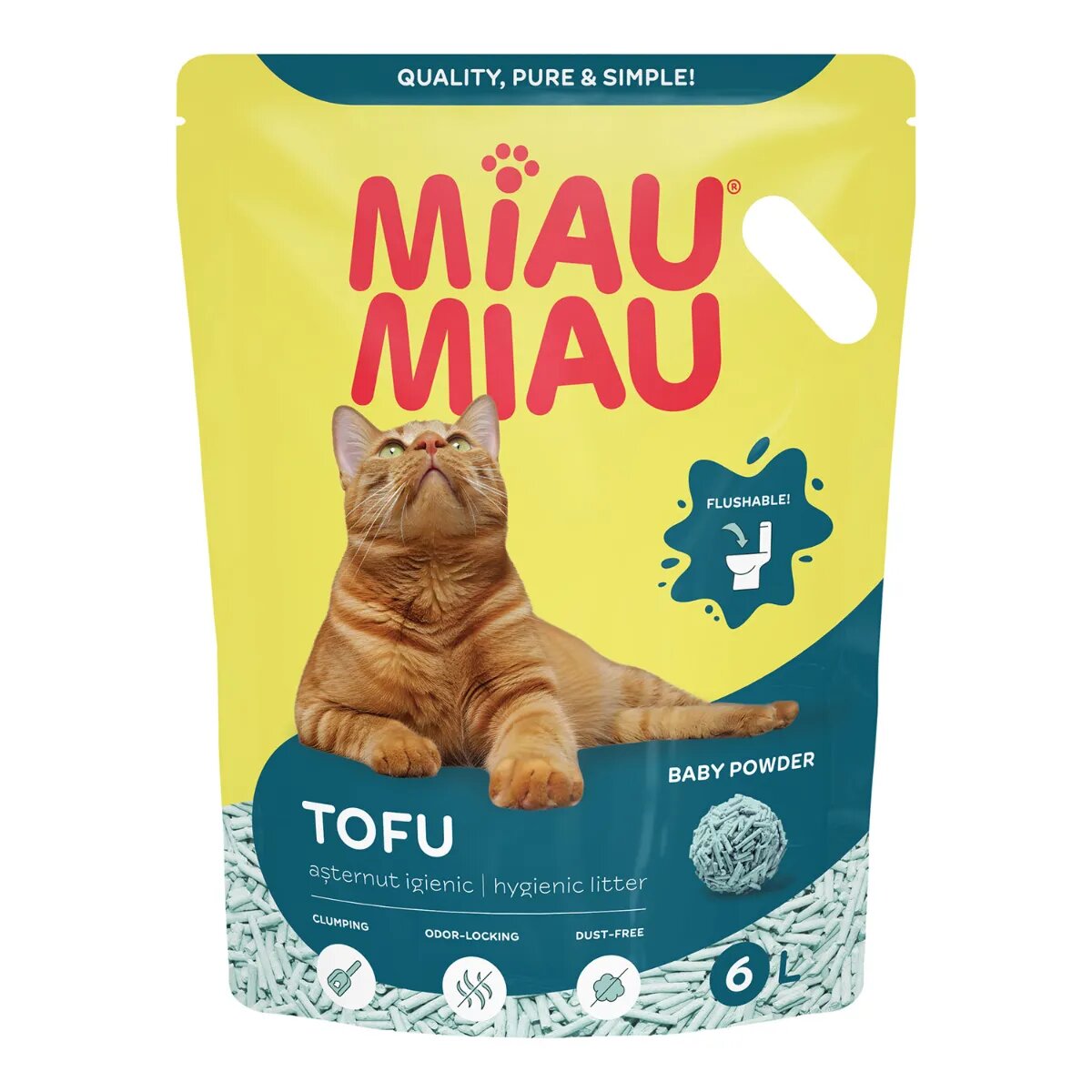 MIAU MIAU Tofu Baby Powder Talc așternut igienic pisici peleți tofu aglomerant ecologic biodegradabil 6l