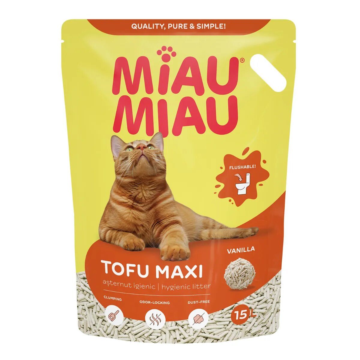 MIAU MIAU Tofu Maxi Vanilie așternut igienic pisici peleți tofu neaglomerant ecologic biodegradabil 15l Maxi neparfumat așternut igienic pisici peleți tofu neaglomerant ecologic biodegradabil 15l