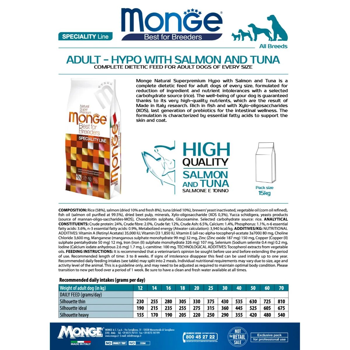 Monge Best for Breeders Hypoallergenic XS-XL Somon și Ton hrană uscată câini alergii 15kg