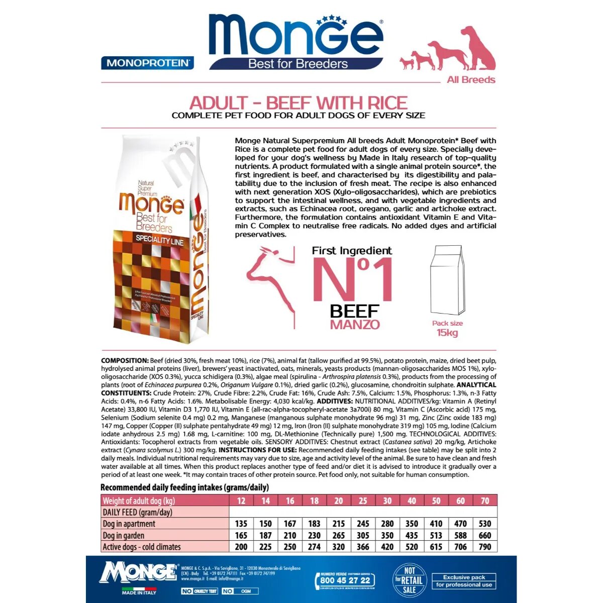 Monge Best for Breeders XS-XL Vită și Orez hrană uscată câini 15kg