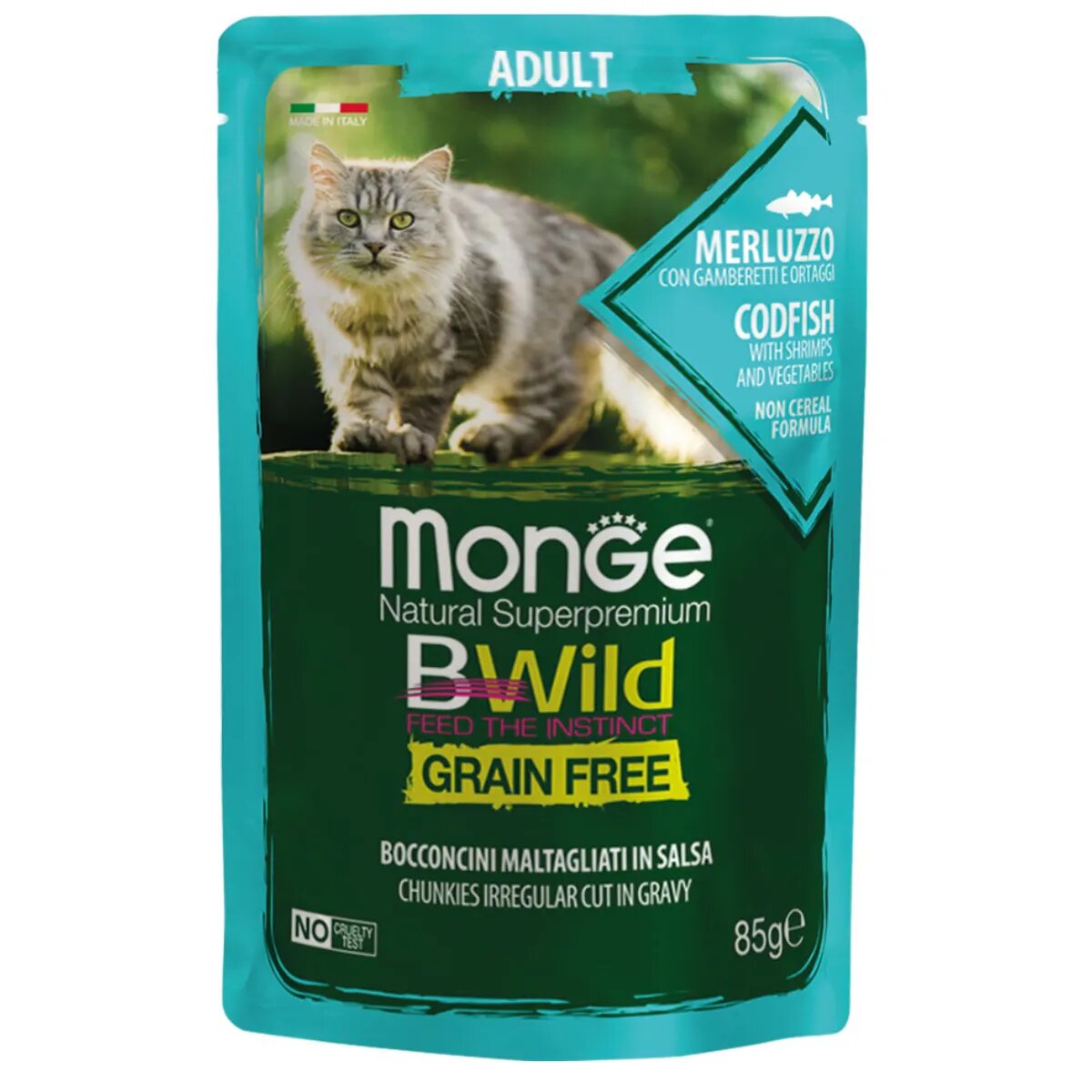 Monge BWild Cod și Creveți plic hrană umedă fără cereale pisici (în sos) 85g