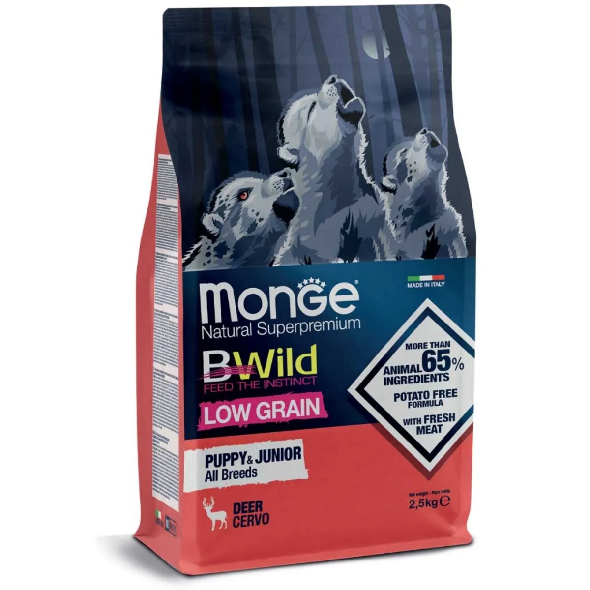Monge BWild Puppy & Junior XS-XL Căprioară hrană uscată conținut redus cereale câini junior 2.5kg