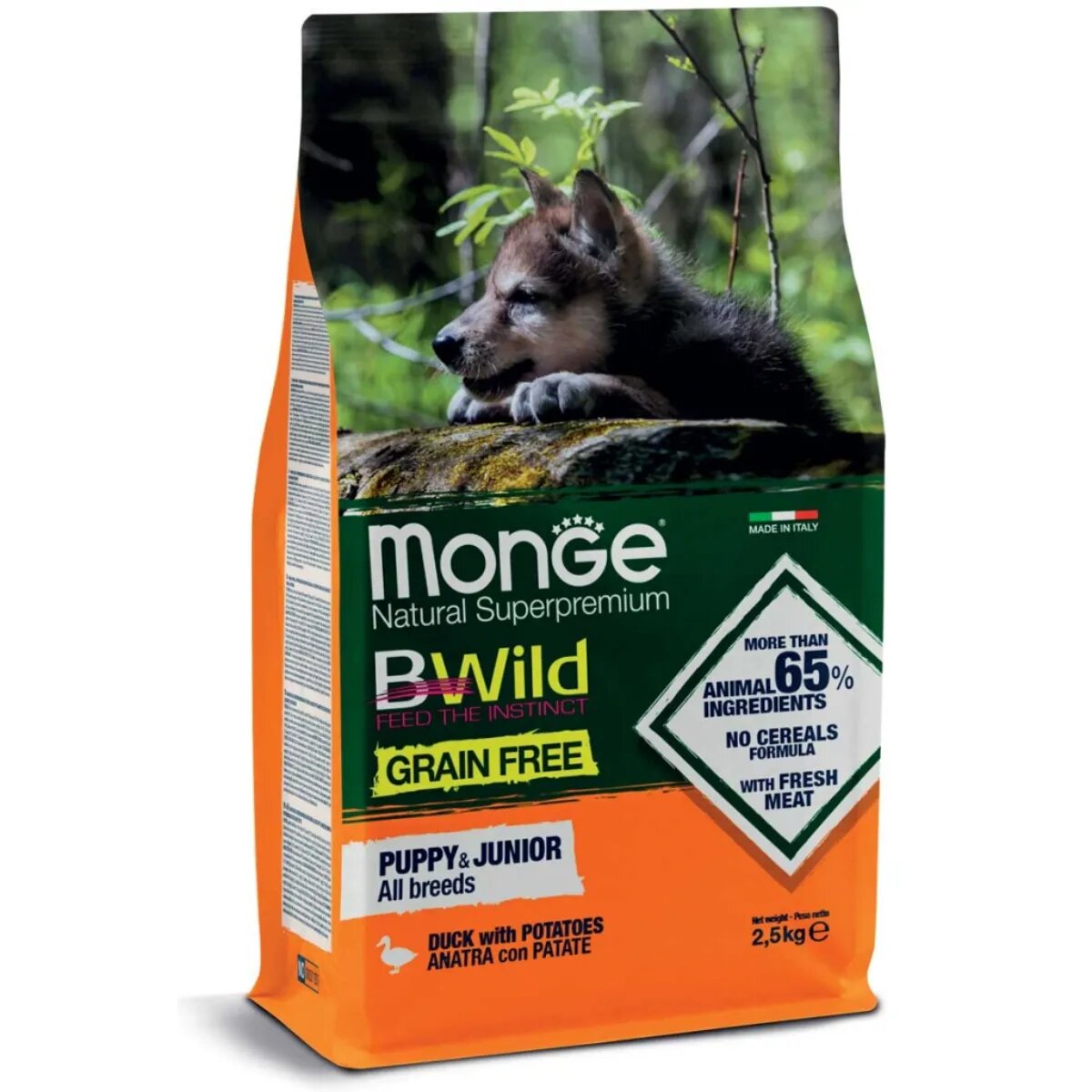 Monge BWild Puppy & Junior XS-XL Rață și Cartofi hrană uscată fără cereale câini junior 2.5kg