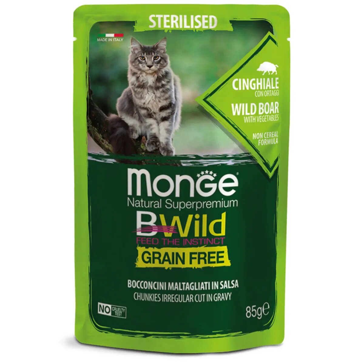 Monge BWild Sterilised Mistreț și Legume plic hrană umedă fără cereale pisici sterilizate (în sos) 85g