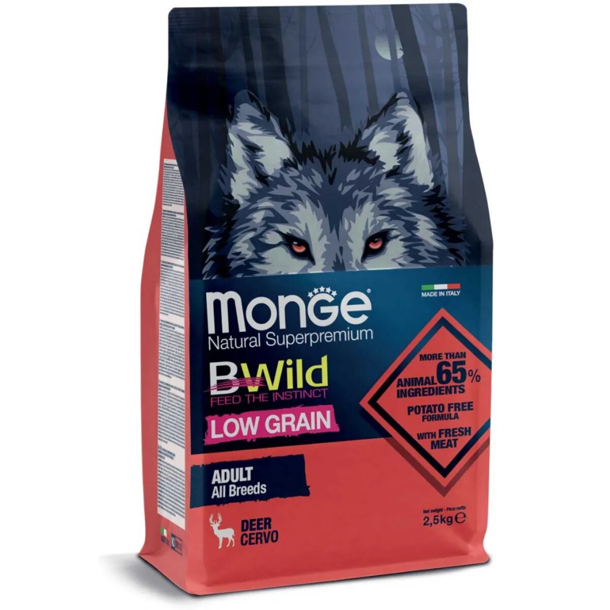 Monge BWild XS-XL Căprioară hrană uscată conținut redus cereale câini 2.5kg