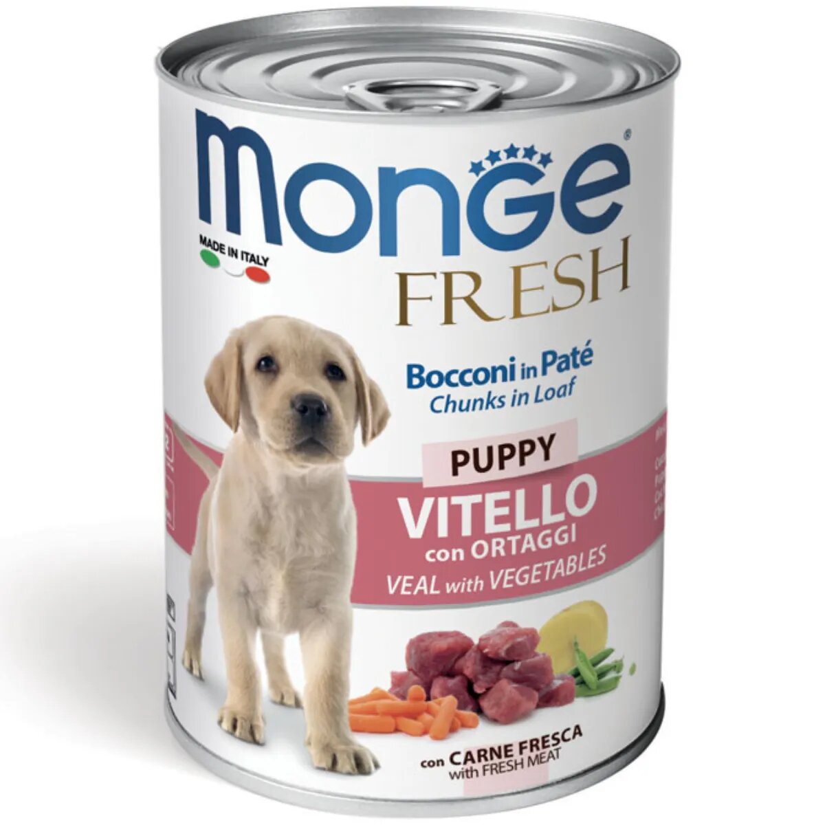 Monge Fresh Puppy&Junior XS-XL Vițel și Legume conservă hrană umedă câini junior (în suc propriu) 400g