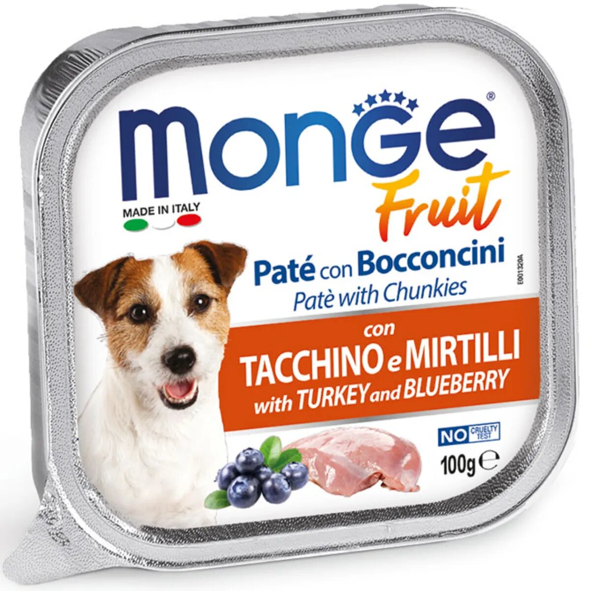 Monge Fruit XS-XL Curcan și afine tăviță hrană umedă fără cereale câini (în suc propriu) bax 100g x 32buc