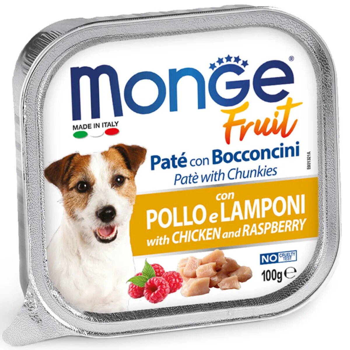 Monge Fruit XS-XL Pui și Zmeură tăviță hrană umedă fără cereale câini (în suc propriu) bax 100g x 32buc