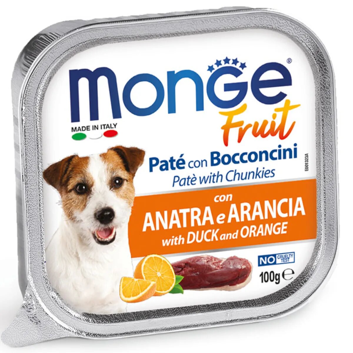 Monge Fruit XS-XL Rață și Portocale tăviță hrană umedă fără cereale câini (în suc propriu) bax 100g x 32buc