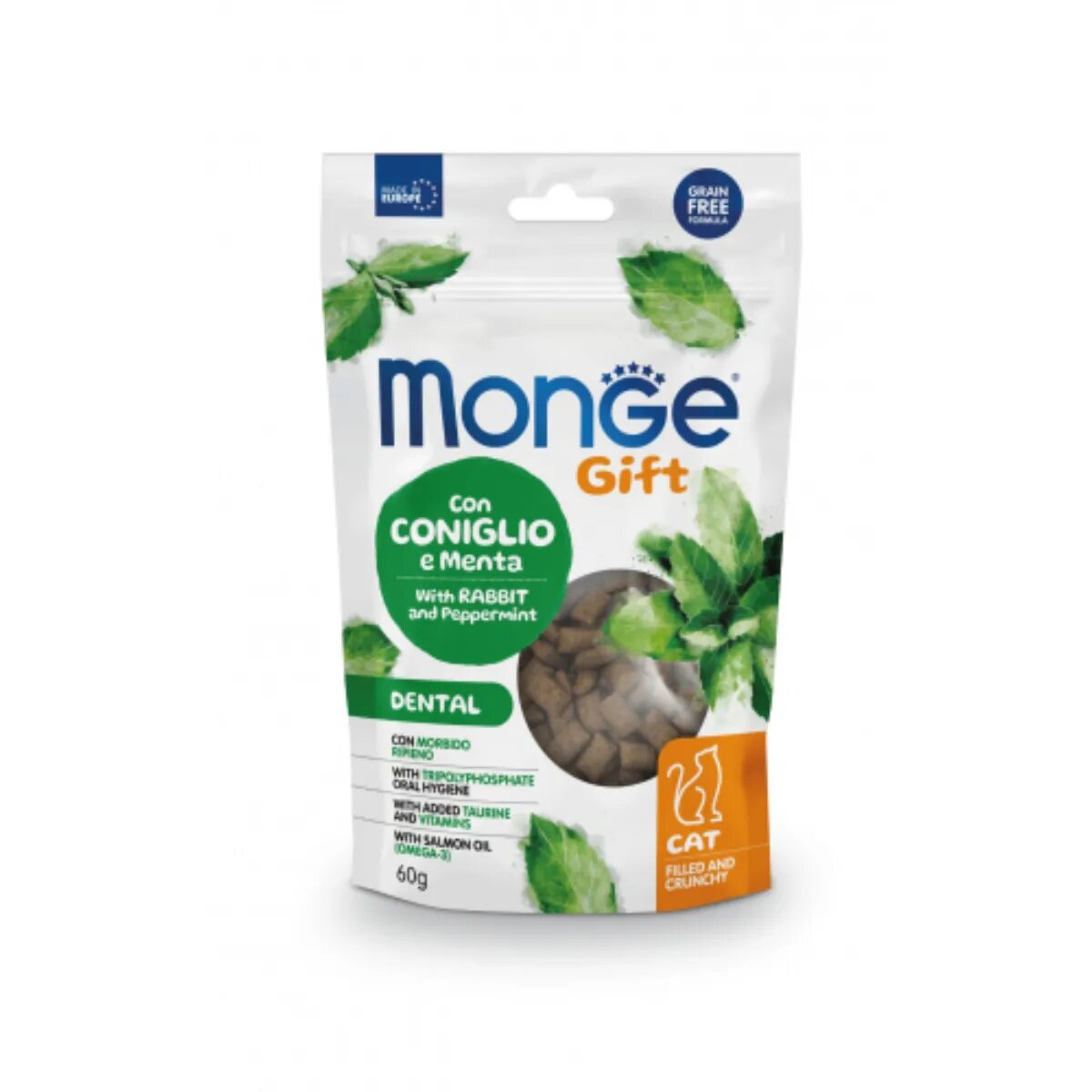 Monge Gift Dental Filled & Crunchy Iepure și Mentă punguță recompense funcționale fără cereale pisici sensibilități dentare 60g
