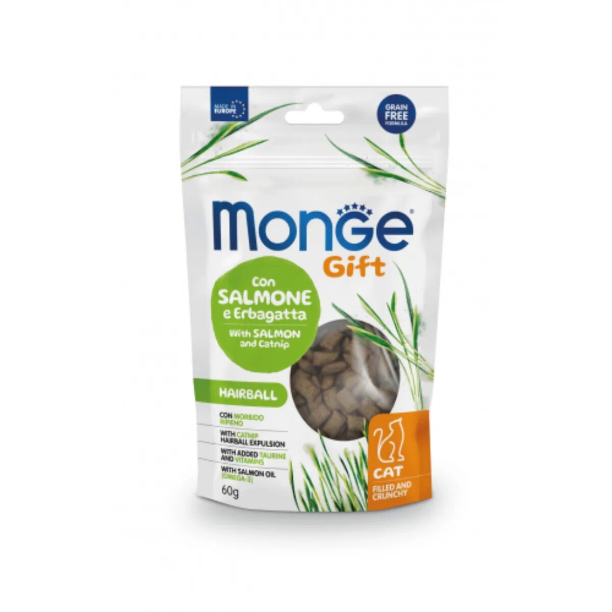 Monge Gift Hairball Filled & Crunchy Somon și Catnip punguță recompense funcționale fără cereale pisici limitarea ghemurilor de blană 60g