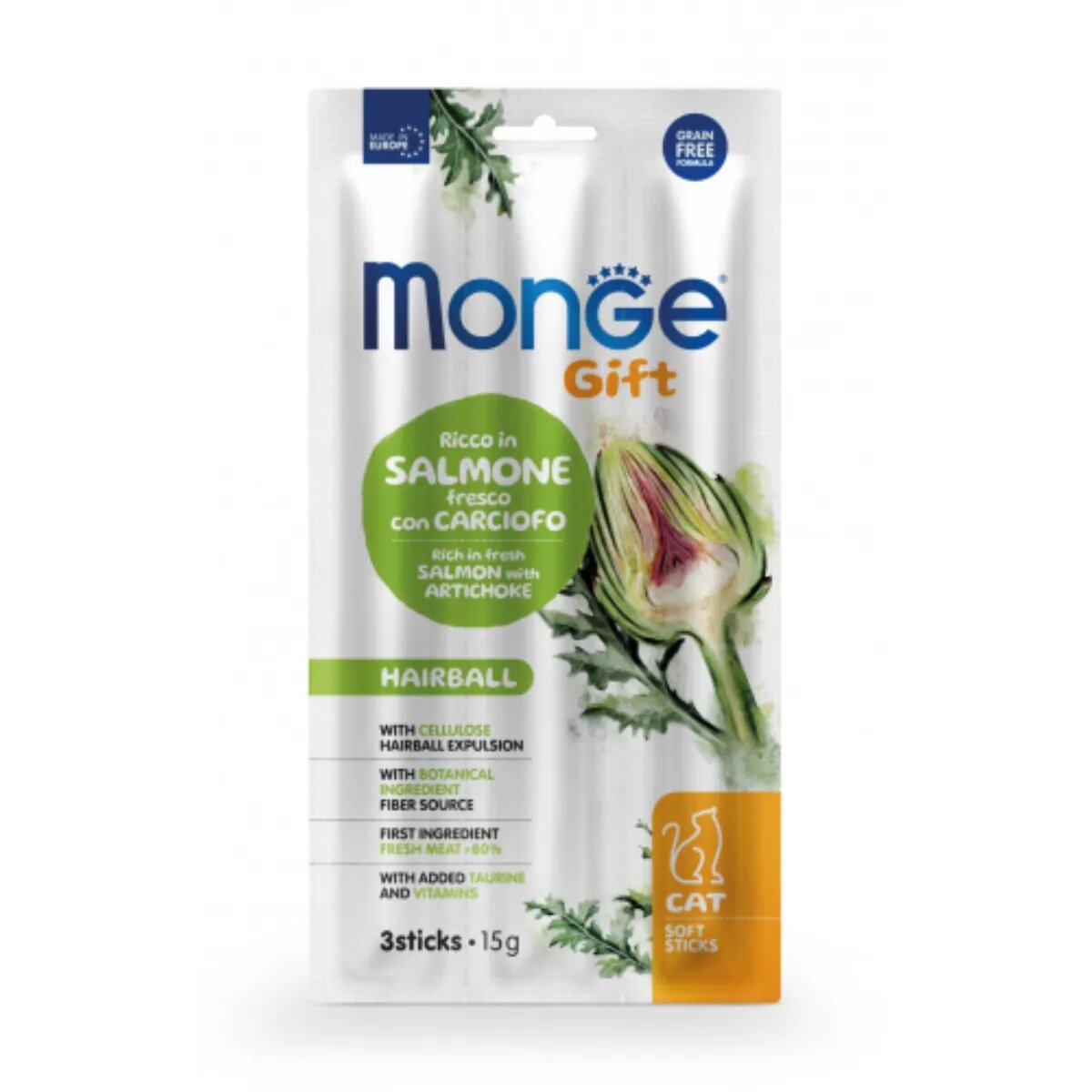 Monge Gift Hairball Soft Sticks Somon și Anghinare punguță recompense funcționale fără cereale pisici limitarea ghemurilor de blană 15g
