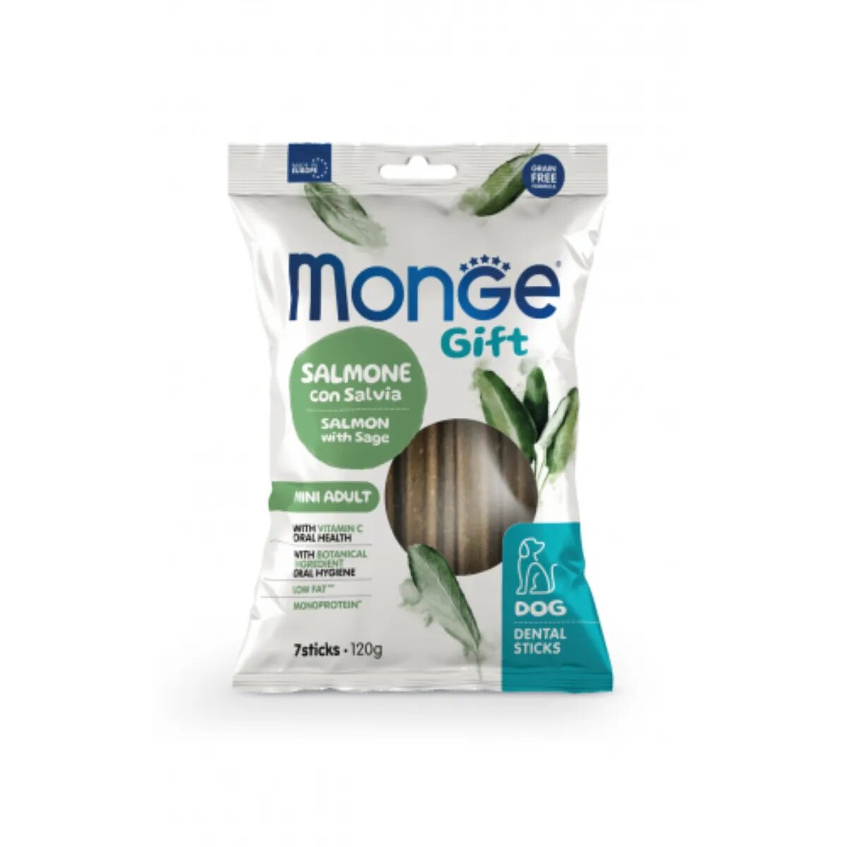 Monge Gift Mini Dental Sticks XS-S Somon și Salvie punguță recompense funcționale fără cereale câini sensibilități dentare 120g