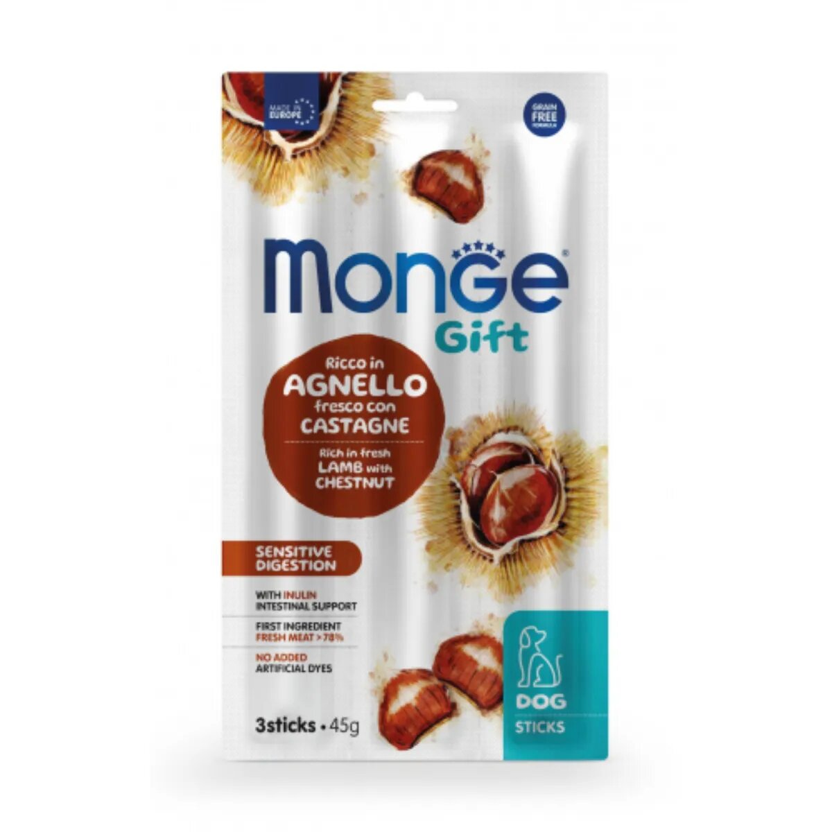 Monge Gift Sensitive Digestion XS-XL Miel și Castane punguță recompense funcționale fără cereale câini sistem digestiv 45g