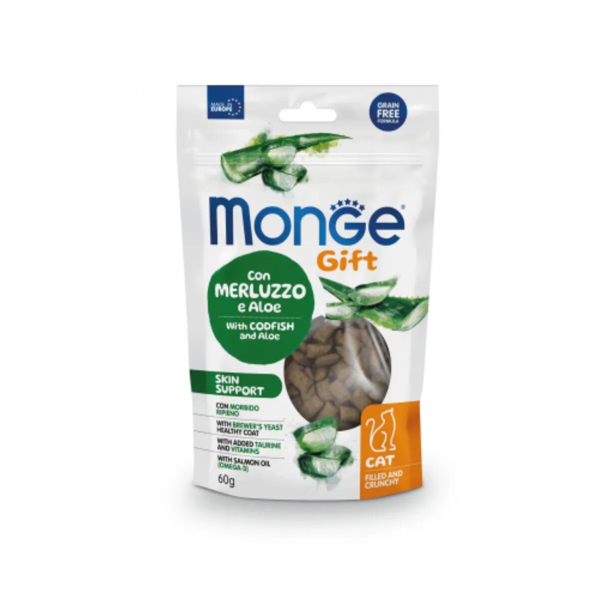 Monge Gift Skin Support Filled & Crunchy Cod și Aloe Vera punguță recompense funcționale fără cereale pisici piele & blană 60g