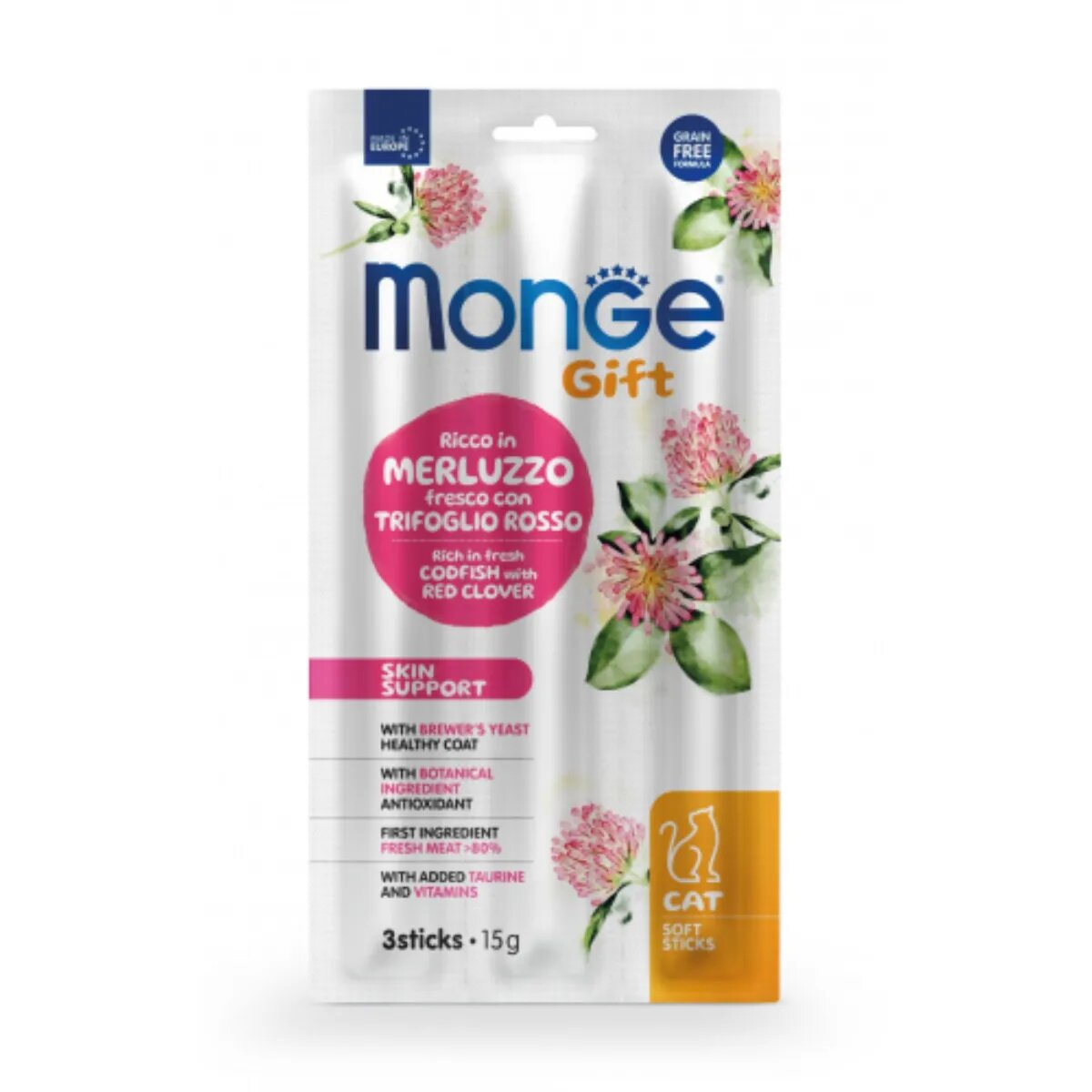 Monge Gift Skin Support Soft Sticks Cod și Trifoi punguță recompense funcționale fără cereale pisici piele & blană 15g