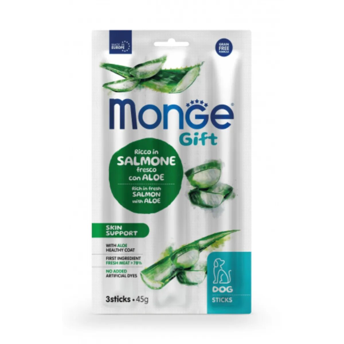 Monge Gift Skin Support XS-XL Somon și Aloe Vera punguță recompense funcționale fără cereale câini piele & blană 45g