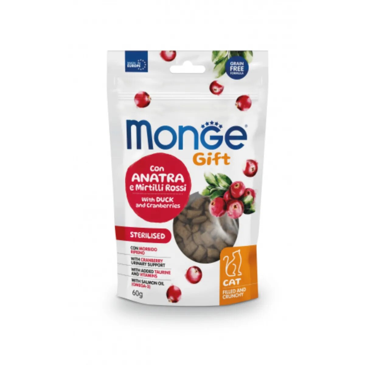 Monge Gift Sterilised Filled & Crunchy Rață și Merișoare punguță recompense funcționale fără cereale pisici sterilizate 60g