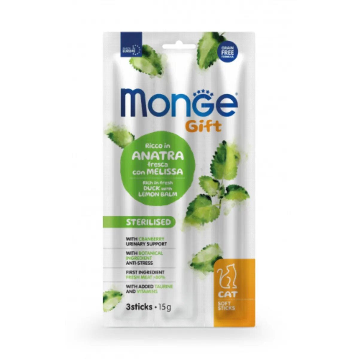 Monge Gift Sterilised Soft Sticks Rață punguță recompense funcționale fără cereale pisici sterilizate 15g