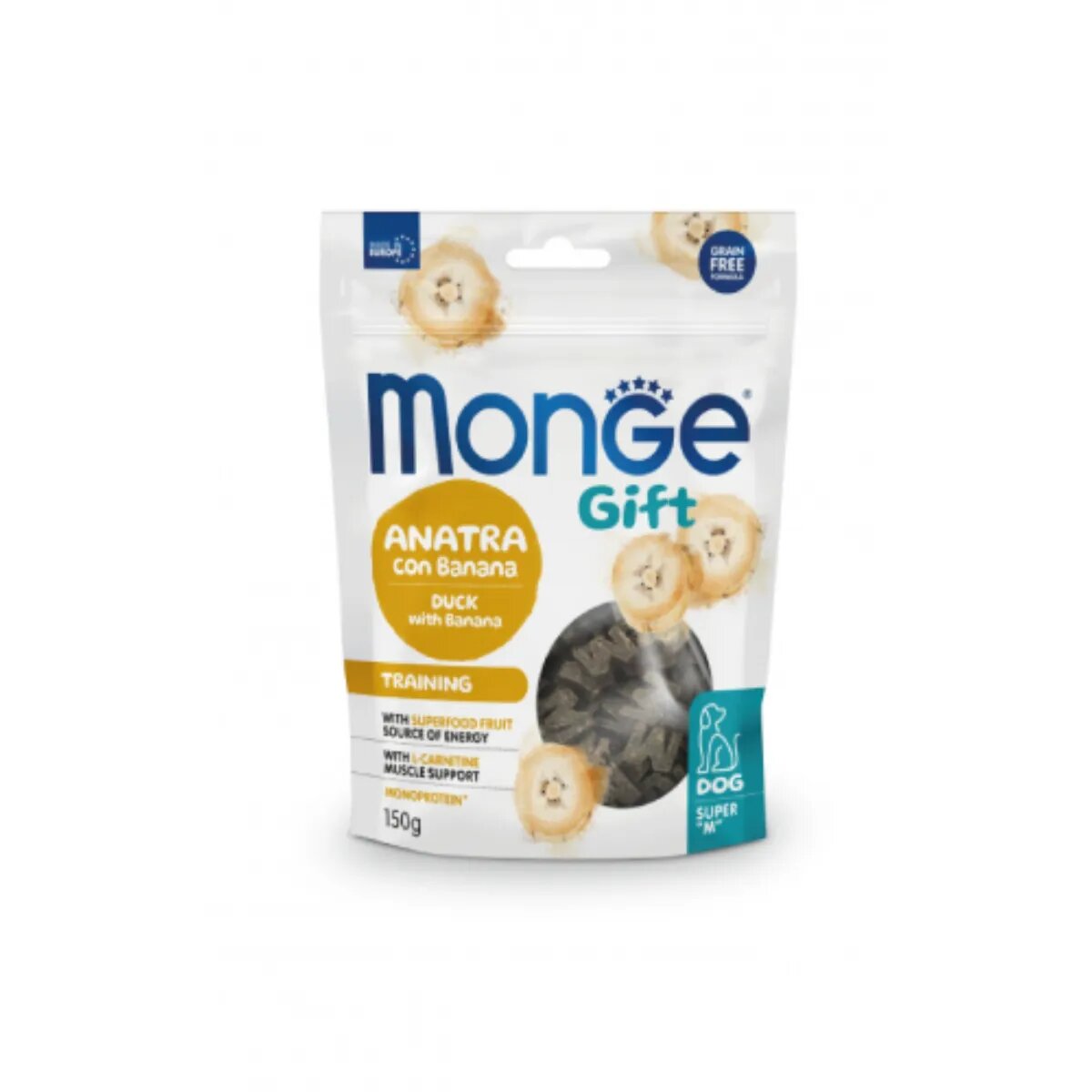 Monge Gift Super M Training XS-XL Rață și Banane punguță recompense funcționale fără cereale câini 150g
