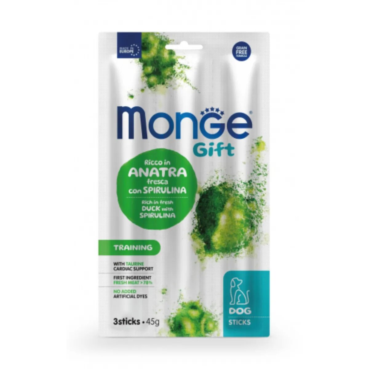 Monge Gift Training Spirulina Sticks XS-XL Rață și Spirulină punguță recompense funcționale fără cereale câini 45g