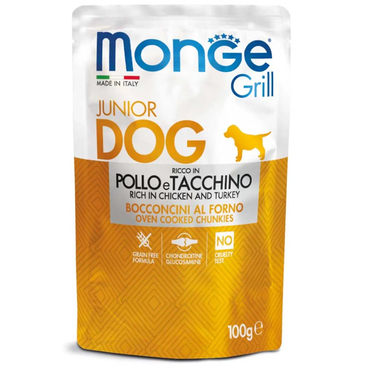Monge Grill Junior XS-XL Pui și Curcan plic hrană umedă câini junior (în suc propriu) bax 100g x 24buc