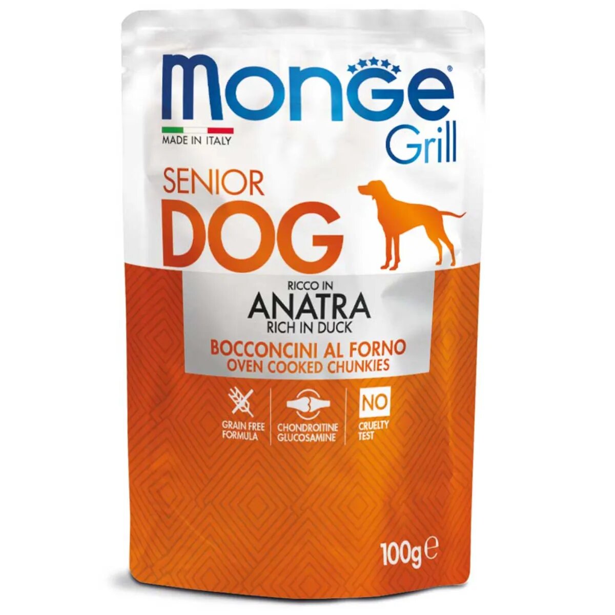 Monge Grill Senior XS-XL Rață plic hrană umedă câini senior (în suc propriu) bax 100g x 24buc