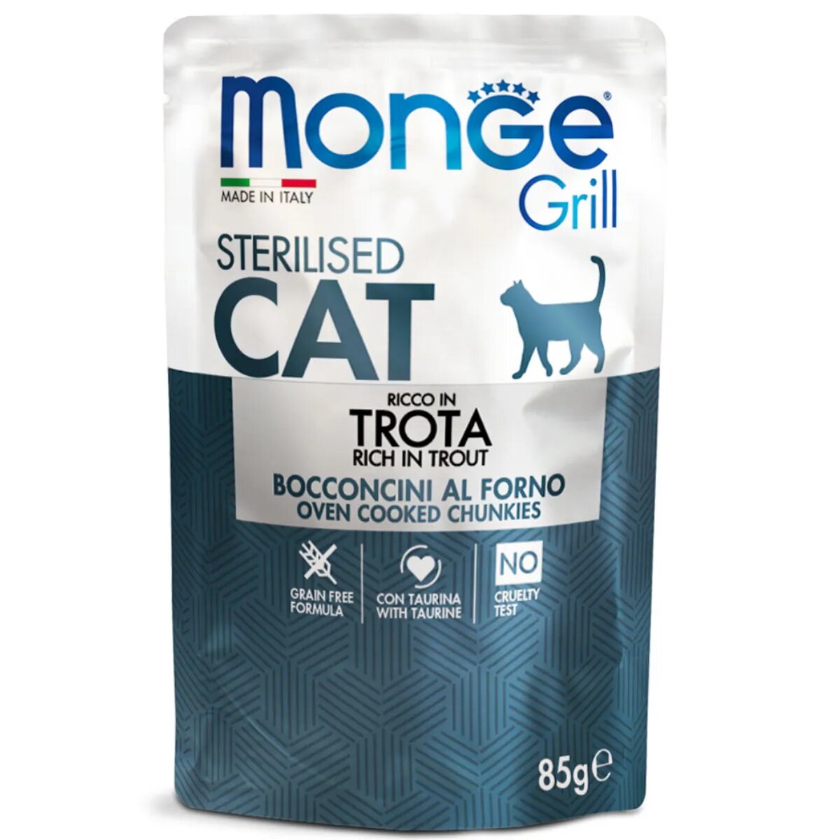 Monge Grill Sterilised Păstrăv plic hrană umedă fără cereale pisici sterilizate obezitate apetit capricios (în aspic) 85g