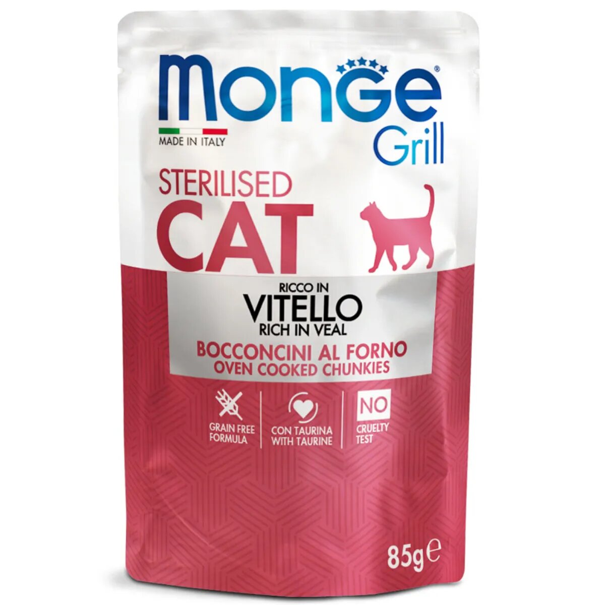 Monge Grill Sterilised Vițel plic hrană umedă fără cereale pisici sterilizate obezitate apetit capricios (în aspic) bax 85g x 28buc