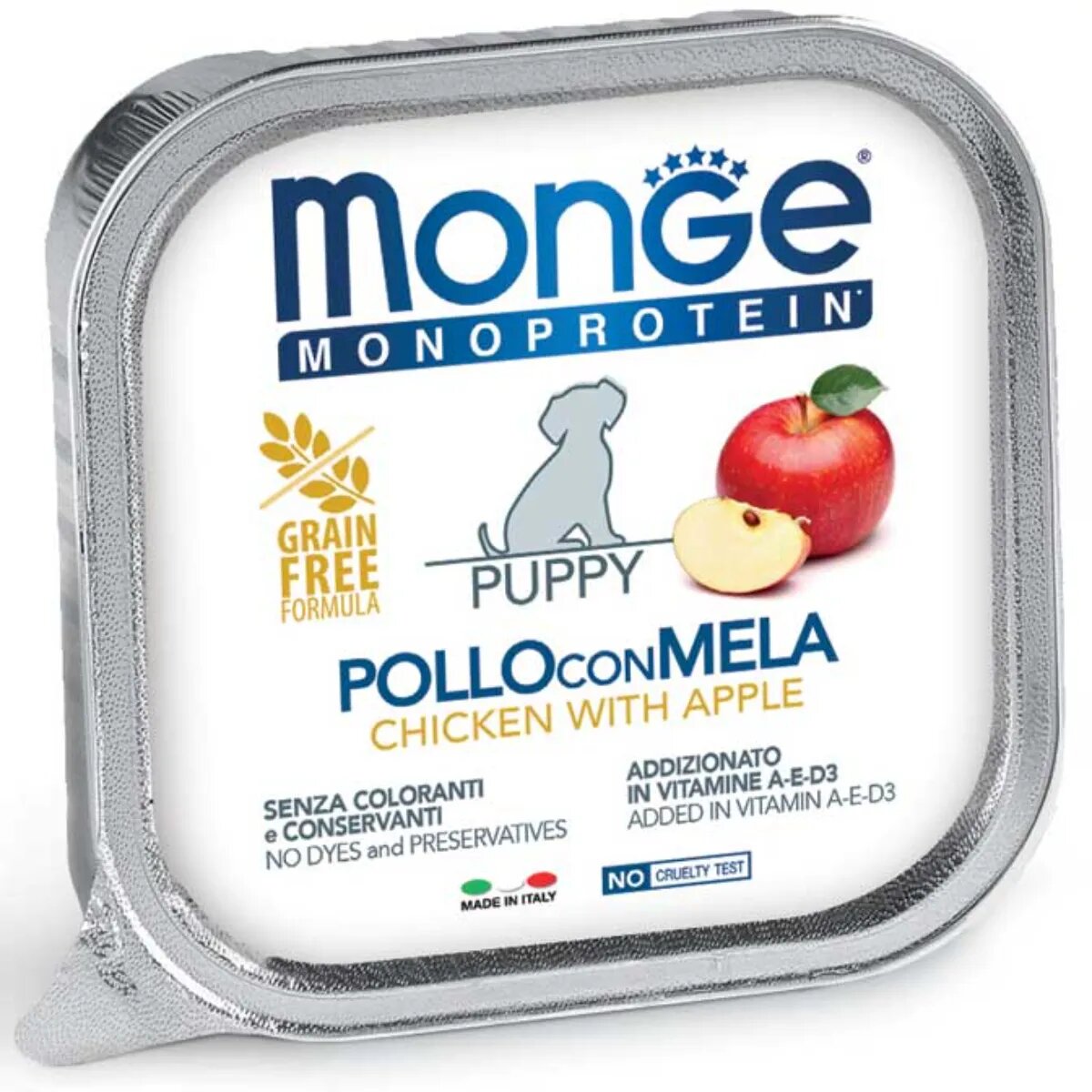 Monge Monoprotein Puppy&Junior XS-XL Pui și Măr tăviță hrană umedă monoproteică fără cereale câini junior (pate) 150g