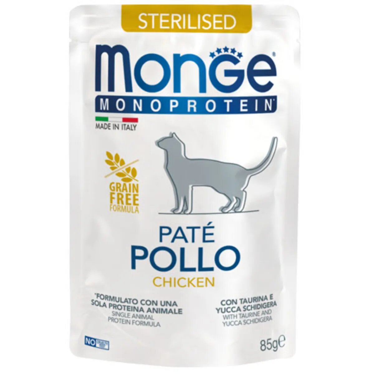 Monge Monoprotein Sterilised Pui plic hrană umedă monoproteică fără cereale pisici sterilizate (pate) bax 85g x 28buc