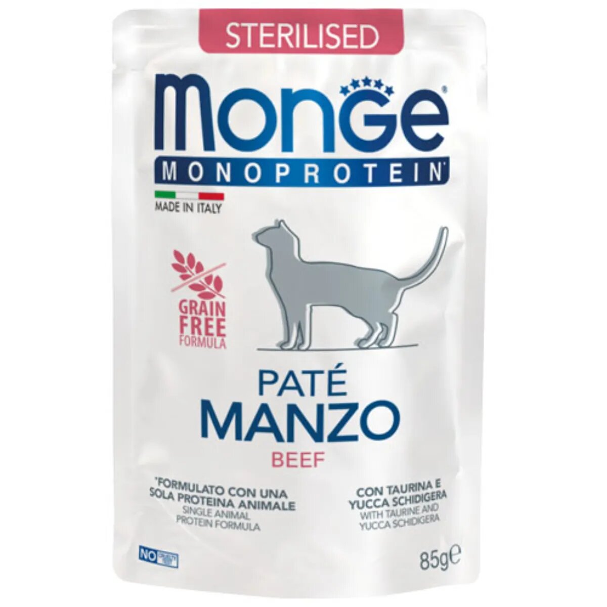 Monge Monoprotein Sterilised Vită plic hrană umedă monoproteică fără cereale pisici sterilizate (pate) bax 85g x 28buc
