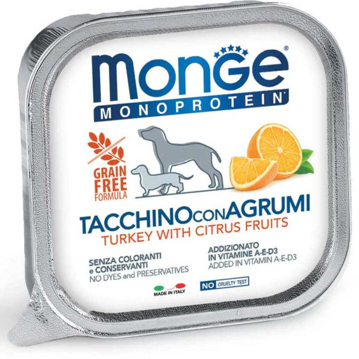 Monge Monoprotein XS-XL Curcan și Fructe tăviță hrană umedă monoproteică fără cereale câini (pate) bax 150g x 24buc