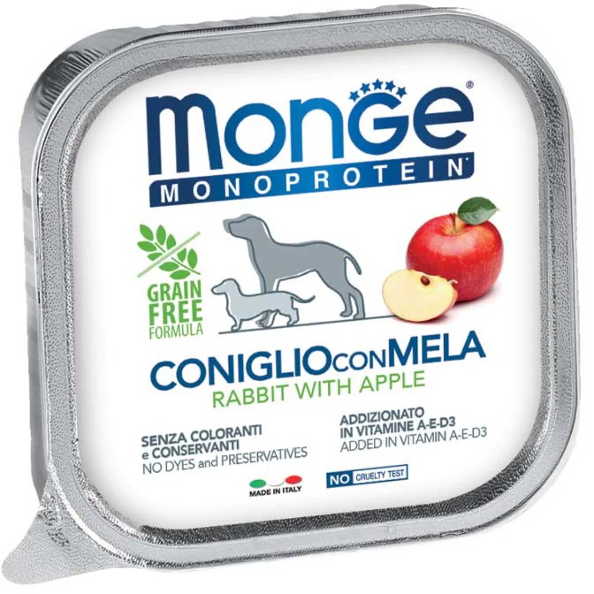 Monge Monoprotein XS-XL Iepure și Măr tăviță hrană umedă monoproteică fără cereale câini (pate) 150g