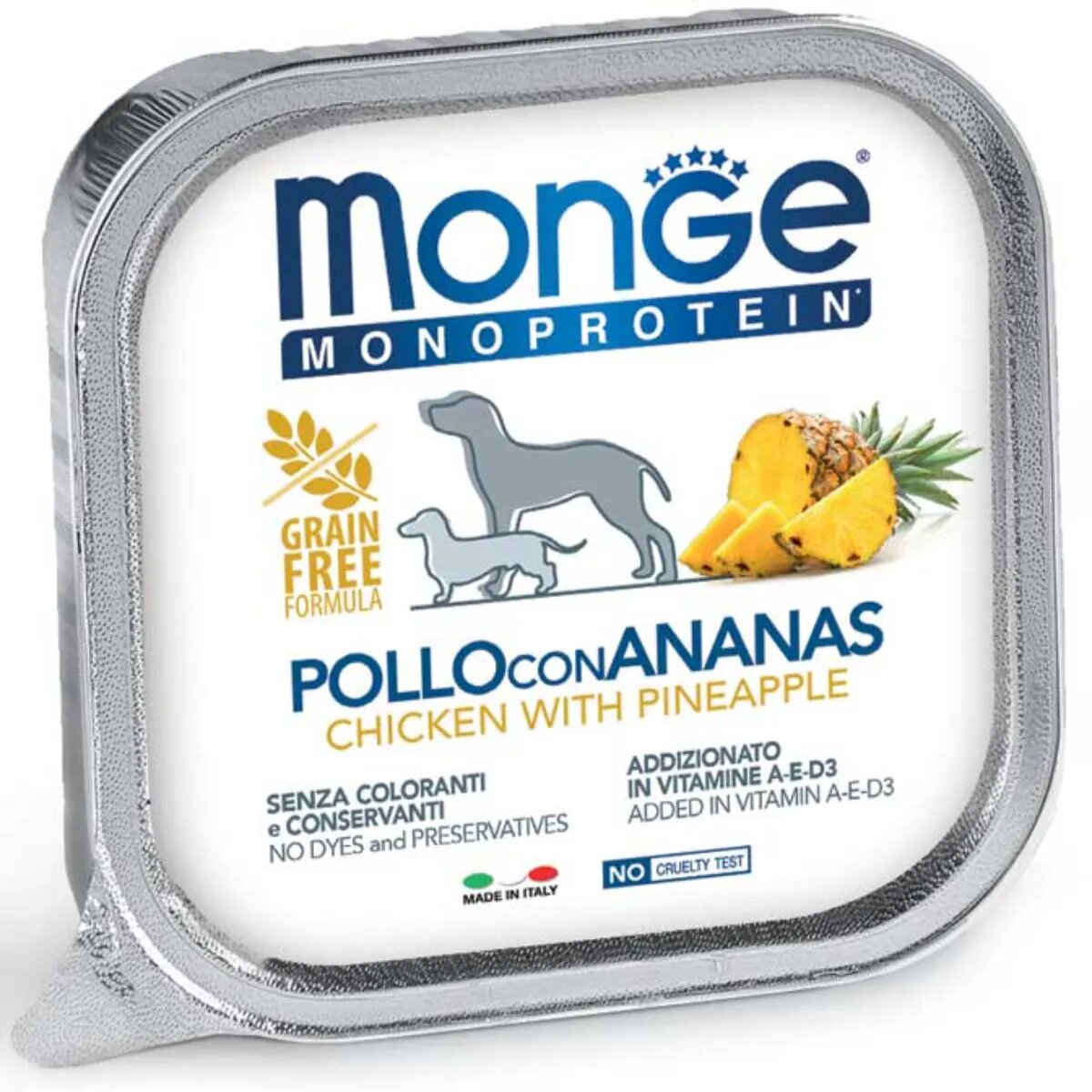 Monge Monoprotein XS-XL Pui și Ananas tăviță hrană umedă monoproteică fără cereale câini (pate) 150g