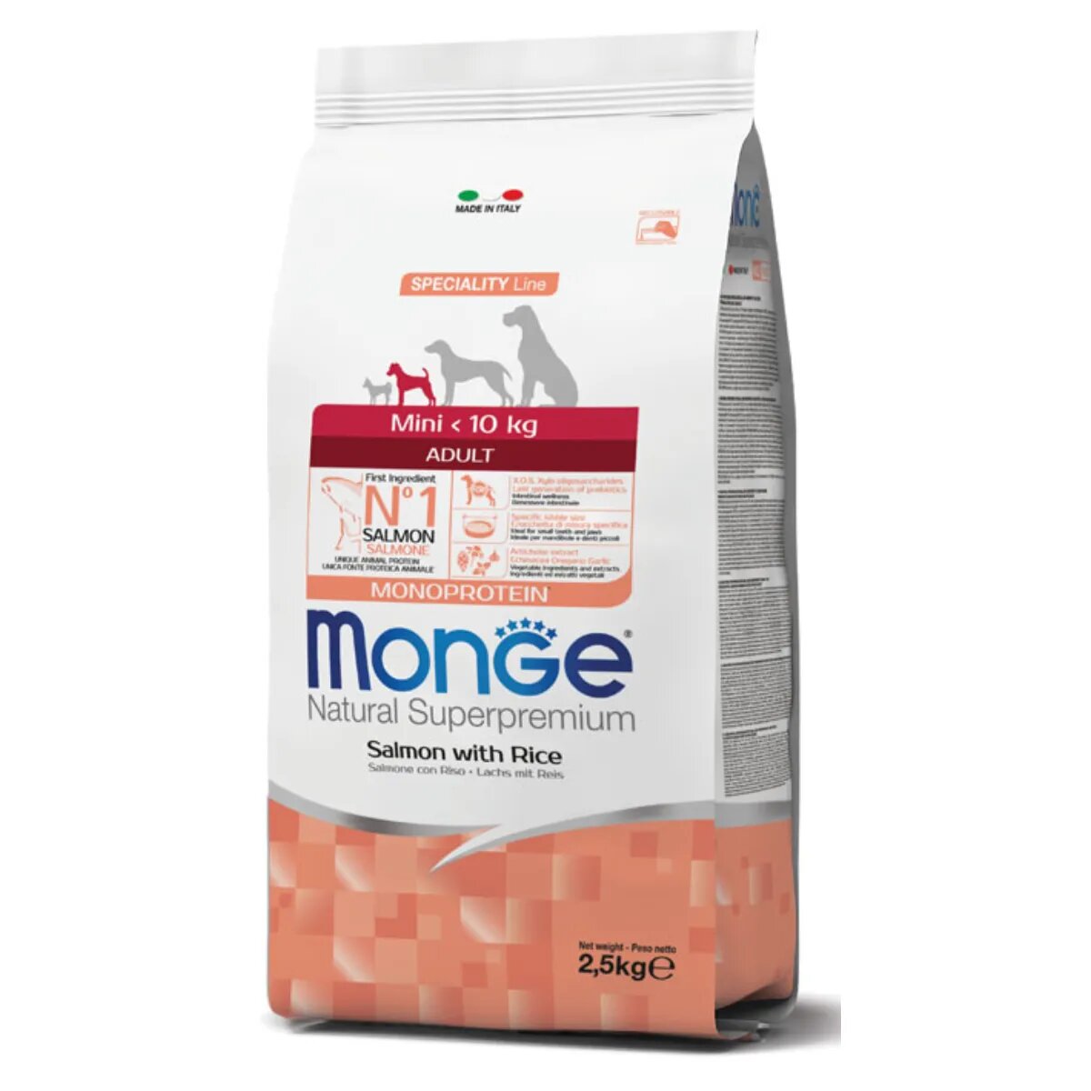 Monge Natural Superpremium Monoprotein Adult Mini XS-S Somon și Orez hrană uscată câini 2.5kg