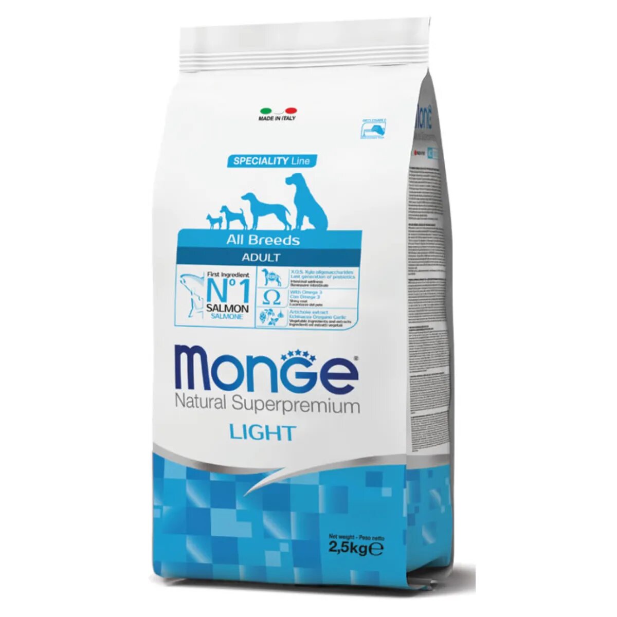 Monge Natural Superpremium Monoprotein Light XS-XL Somon și Orez hrană uscată câini obezitate 12kg