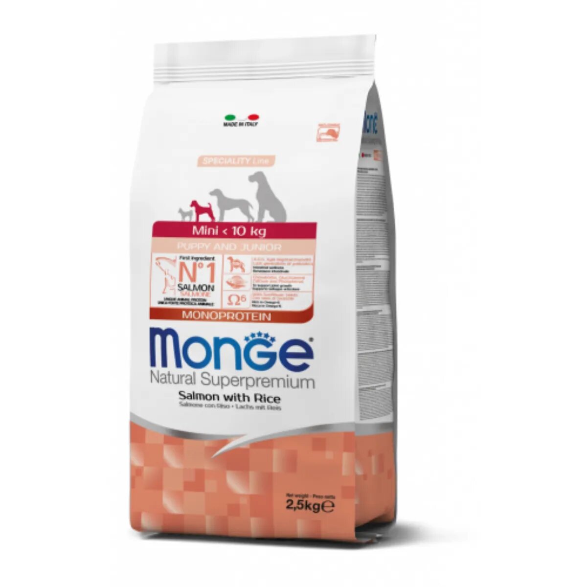 Monge Natural Superpremium Monoprotein Puppy&Junior Mini XS-S Somon și Orez hrană uscată câini junior 7.5kg