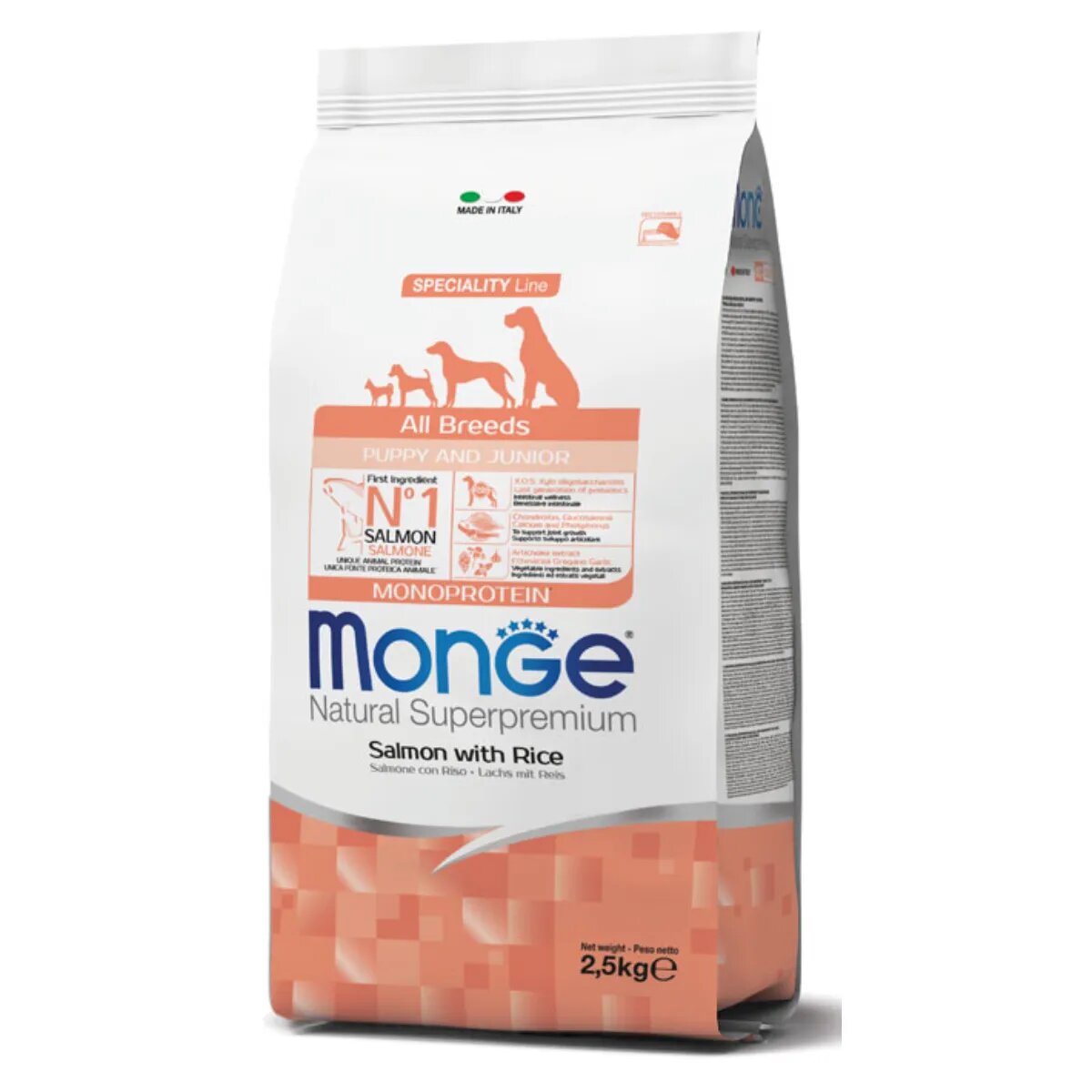 Monge Natural Superpremium Monoprotein Puppy&Junior XS-XL Somon și Orez hrană uscată câini junior 2.5kg